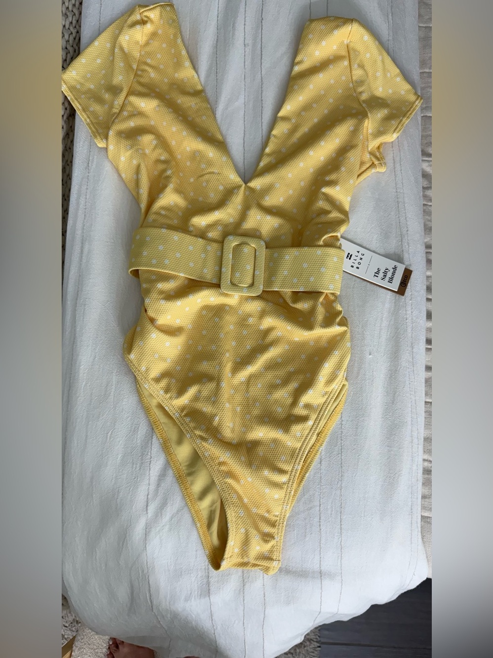 NWT Billabong The Salty Blonde Yellow Polka Dot Belted One-Piece Swimsuit L & XL